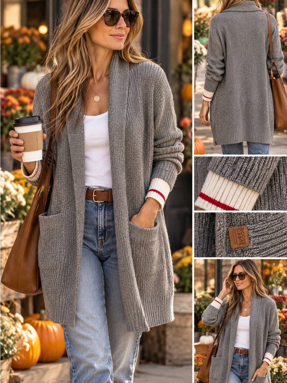 Roots Cabin Longline Cardigan Oversized XS Grey Oat Mix